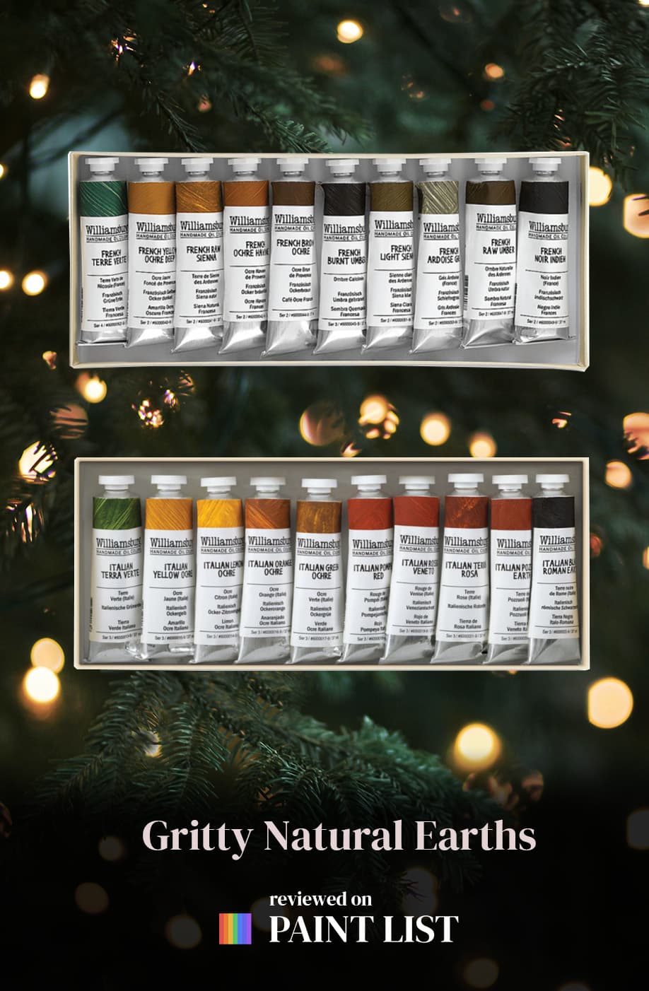 Two boxes of earth tones with about 10 tubes each. One box is Italian Earths and the other box contains French Earths.