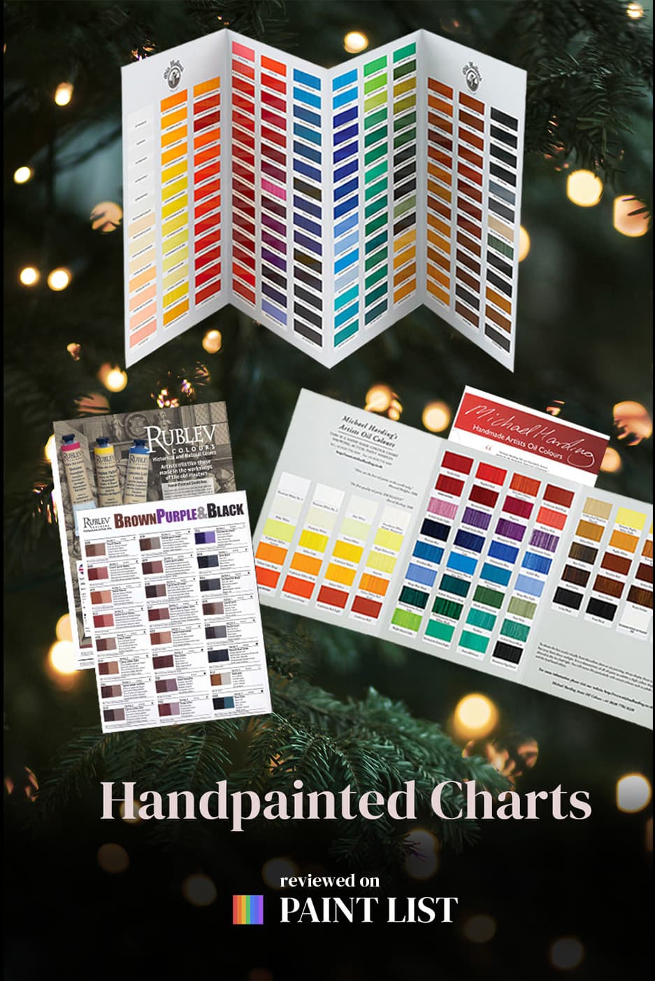 Three sets of color charts with handpainted swatches.