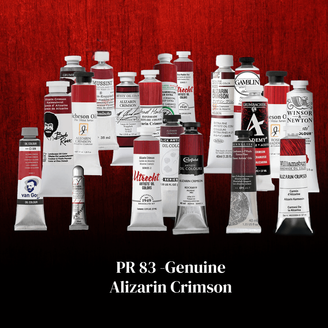 Multiple tubes of oil paint with different logos that all list PR83 Genuine Alizarin Crimson as the pigment.