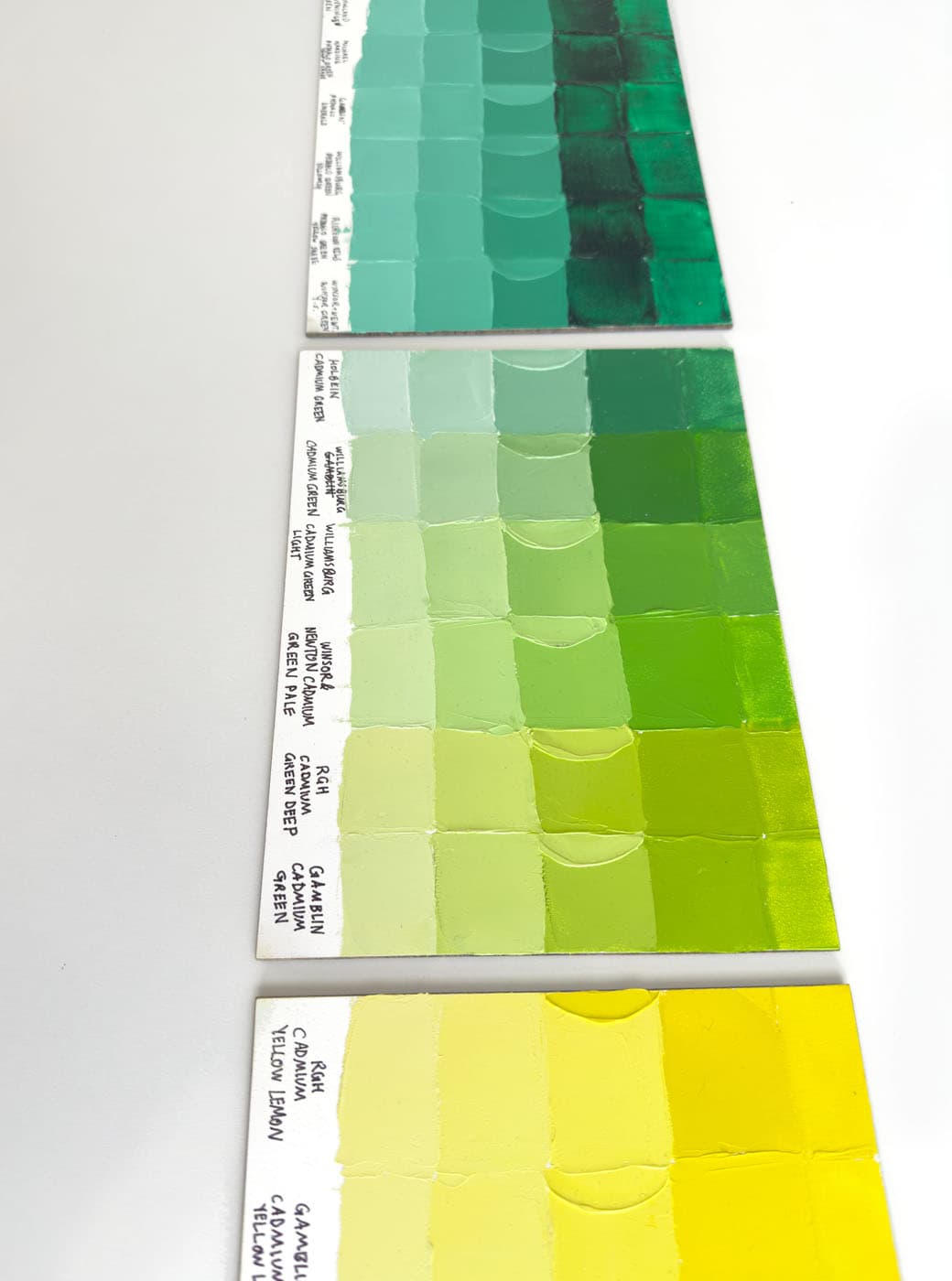 Three panels compare paint swatches of phthalo green, cadmium green, and cadmium yellow