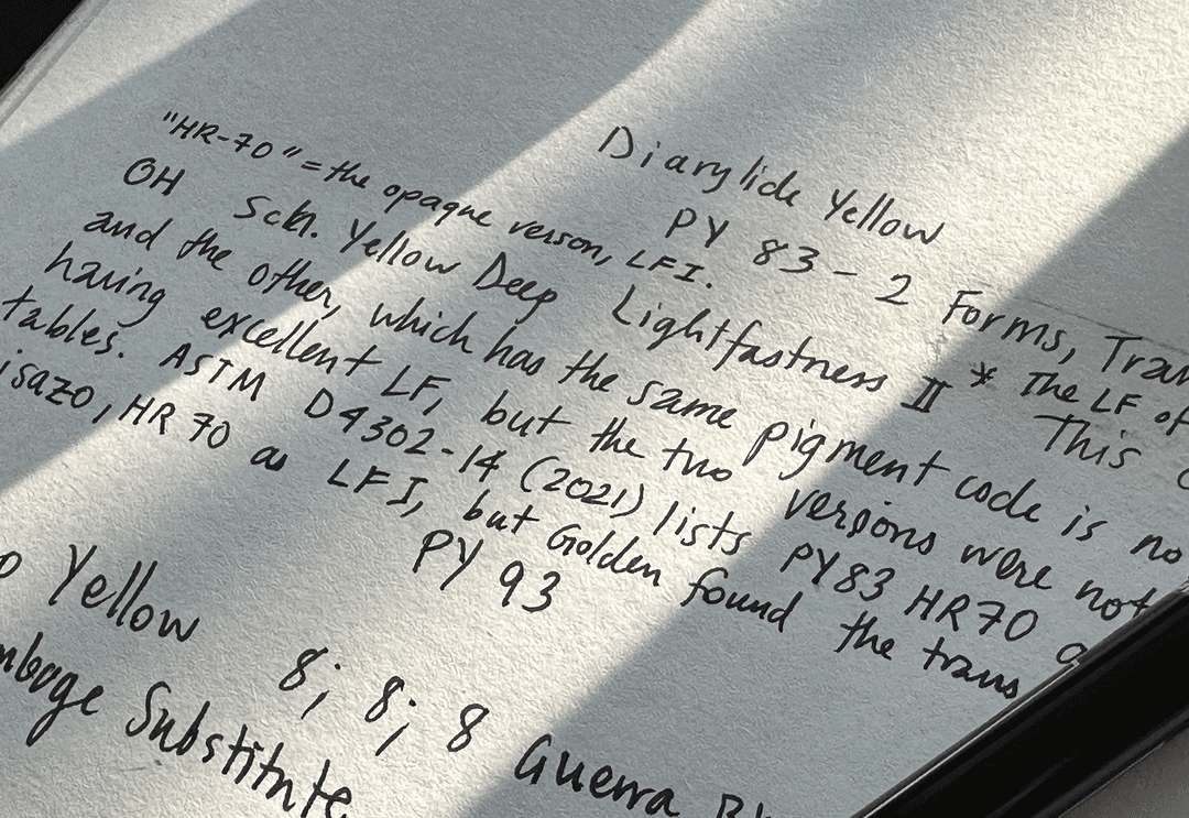 A page from the book of color containing handwritten notes on pigment PY83