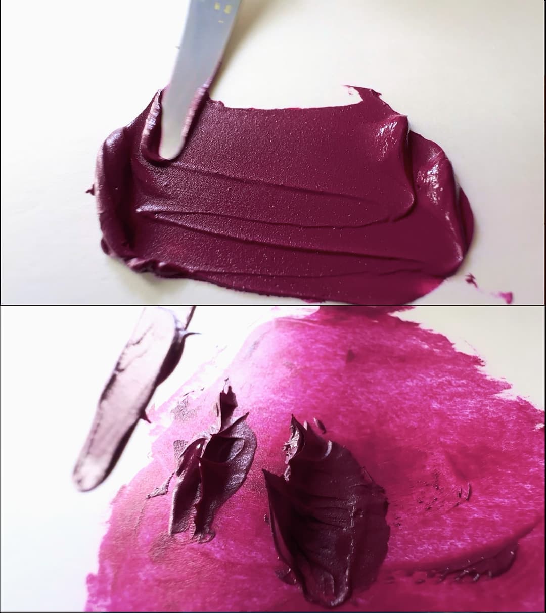 Paint pulled side to side with a palette knife. In the bottom image the paint is pulled up and shows raggety edges instead of compact, glossy peaks.