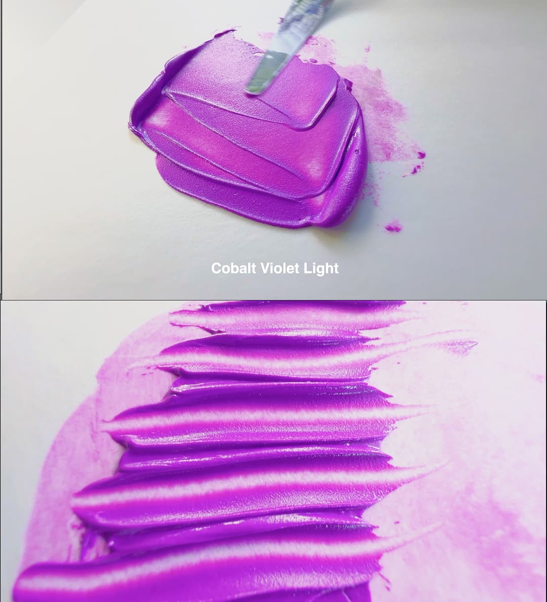 Two pictures show a bright violet paint. One picture has a palette knife moving the paint and the other shows the paint with ridges made from a palette knife which displays that this paint can be used for impasto.