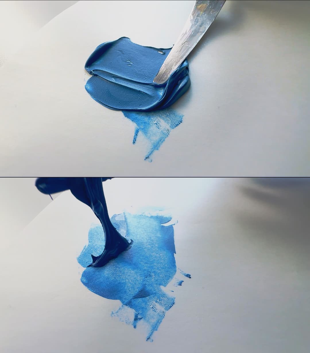 Two pictures show a palette knife working with cerulean paint. There is a bit more resistance as one moves the palette knife back and forth but the surface of the paint has a unique texture that is not as smooth as a phthalo. This paint has some heft to it. In the bottom picture the paint kind of pulls and tears from the palette knife.