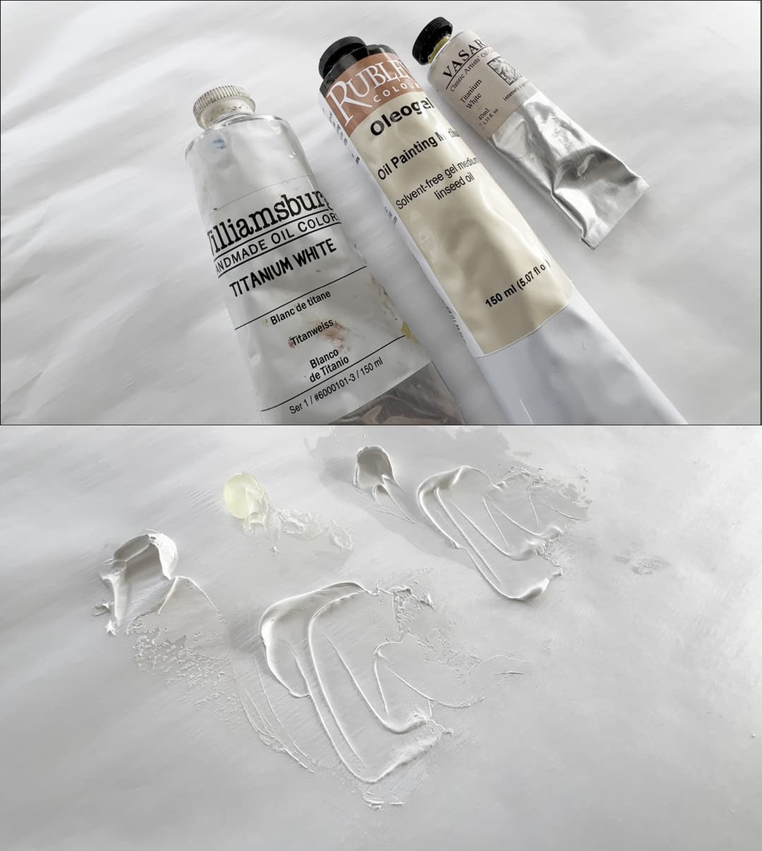Three tubes show the paints and oleogel, while the bottom picture shows two piles of paint that has been moved with a palette knife. The two piles both have a filmy consistency and are semi-translucent. The way the paint behaves at the edges looks very similar.