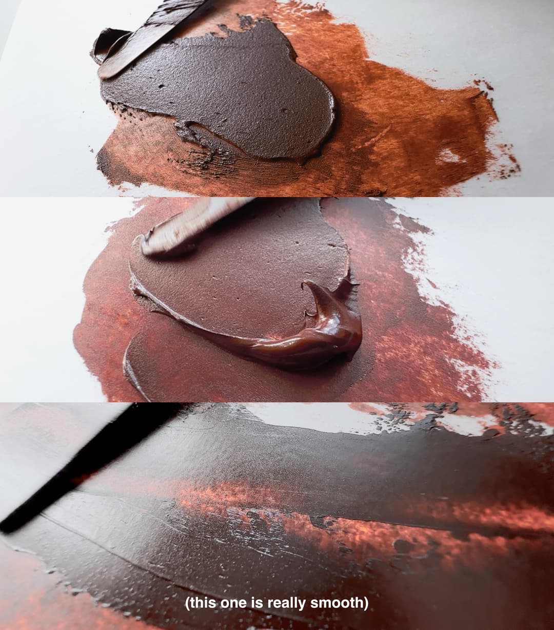 Three pictures of brown paint. One has grit, one doesn't- it looks kindof like chocolate even though it actually does have a hint of grit, and the last one looks smooth almost like glossy lacquer
