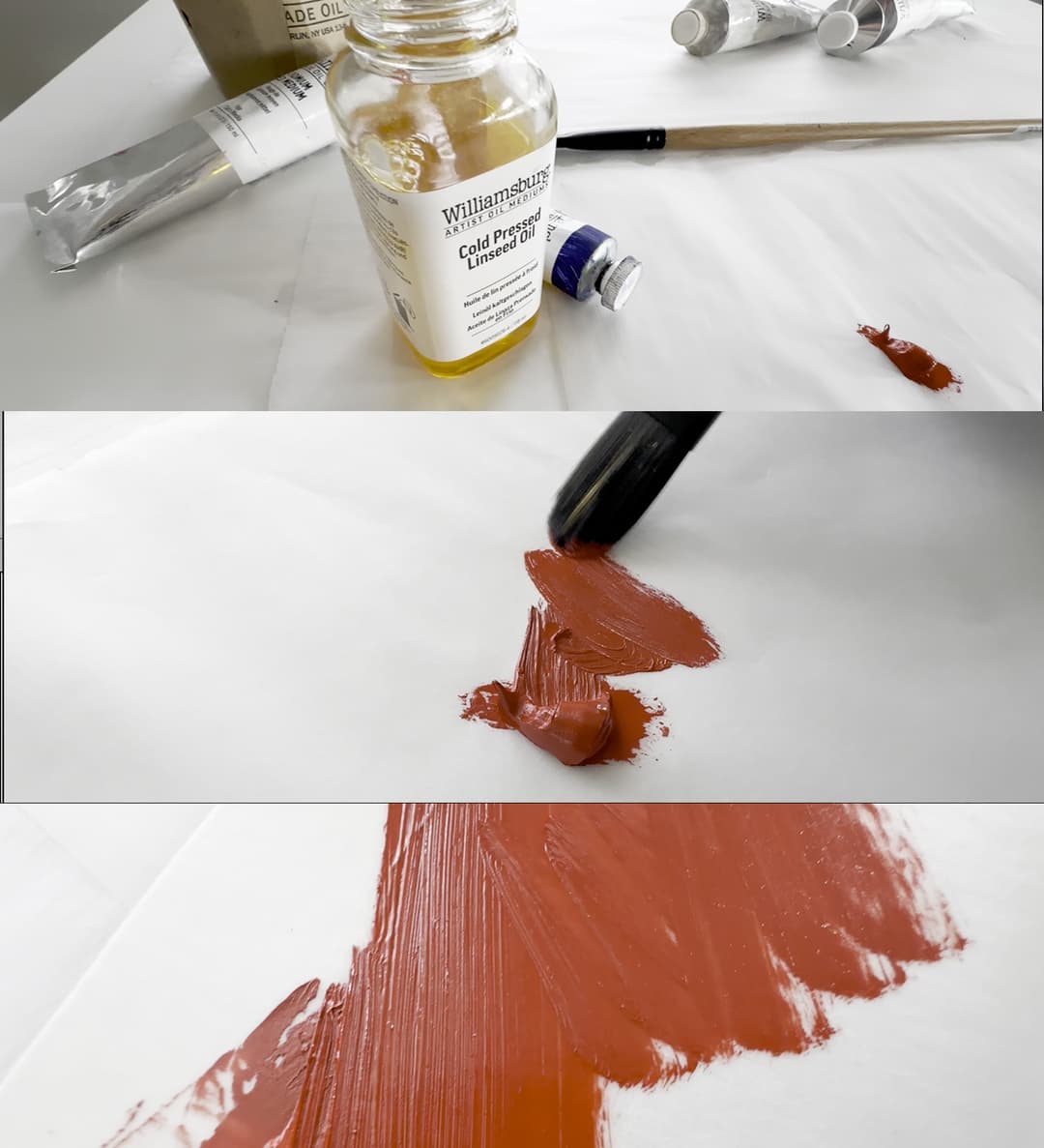 Cold pressed linseed oil, a dollop of cadmium red paint with a brush, and the brushstroke from the modified paint