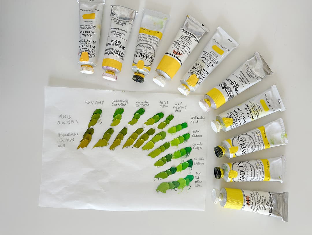 Three rows of mixes show the chroma boost that phthalo green can add to a green mix. The rows of mixes are surrounded by tubes of yellow paint. The mixes show the different greens you can mix with different starting yellows.