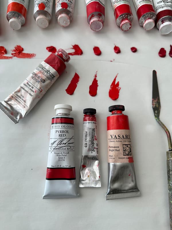 M Graham Pyrrol Red, Williamsburg Pyrrole Red, and Vasari Permanent Bright Red are all made with PR254.