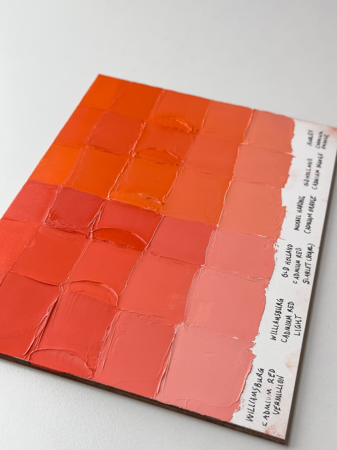 A panel with colored paint swatches that shows color comparison of Cadmium Red Lights and Cadmium Red Oranges.