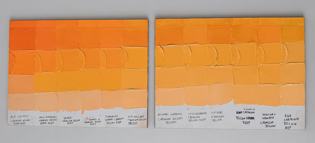 Two panels of cadmium yellows covered in paint swatches to show their hues. These two panels show a variety of Cadmium Yellow Deeps in aritst oil paints. The paints are from various brands and have been swatched to show the similarities and differences between similarly named colors