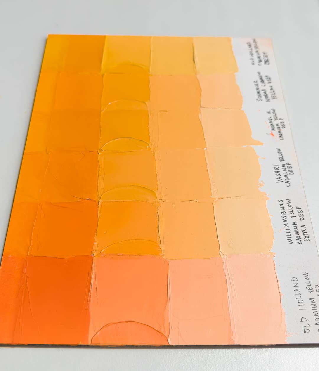 Closeup of the panel of swatched paints. This shows six colors of yellow-orange mixed with white to form tints.