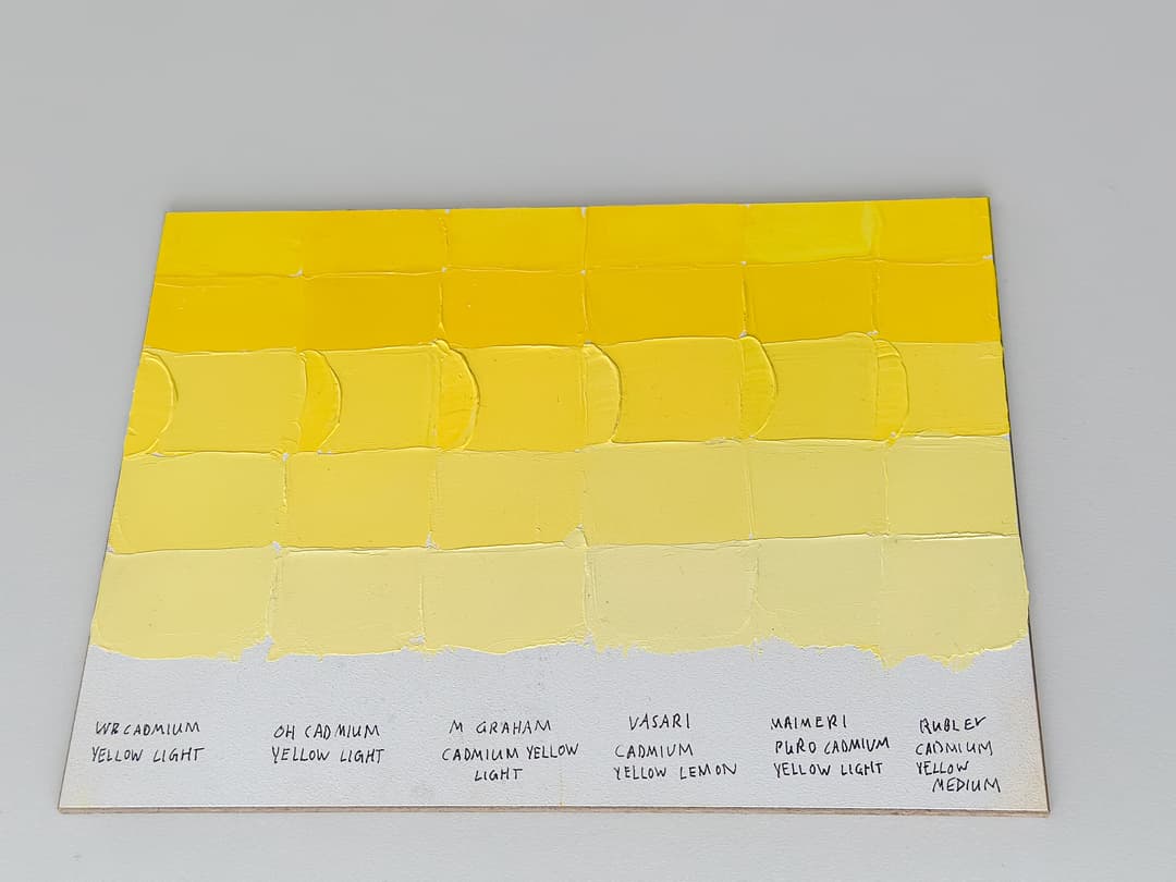 A panel of cadmium yellow colors mixed with white to show differences in hue.