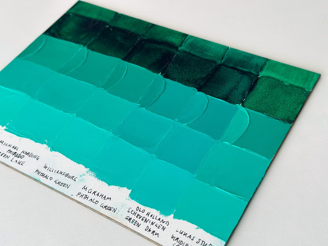 A panel showing phthalo green blue shade in various brands.