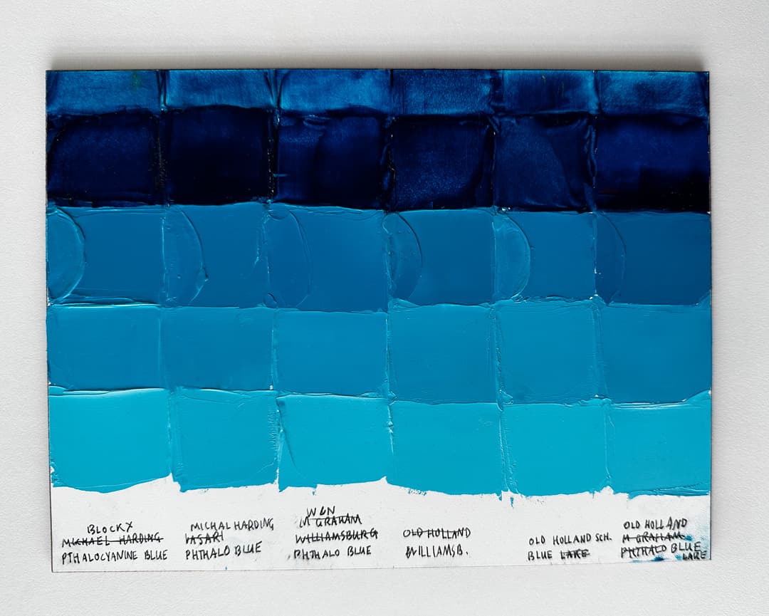 olor comparisons of several different artist paints made of phthalo blue green shade. Brands shown are Blockx, Michael Harding, Winsor and Newton, Williamsburg, and two paints from Old Holland.