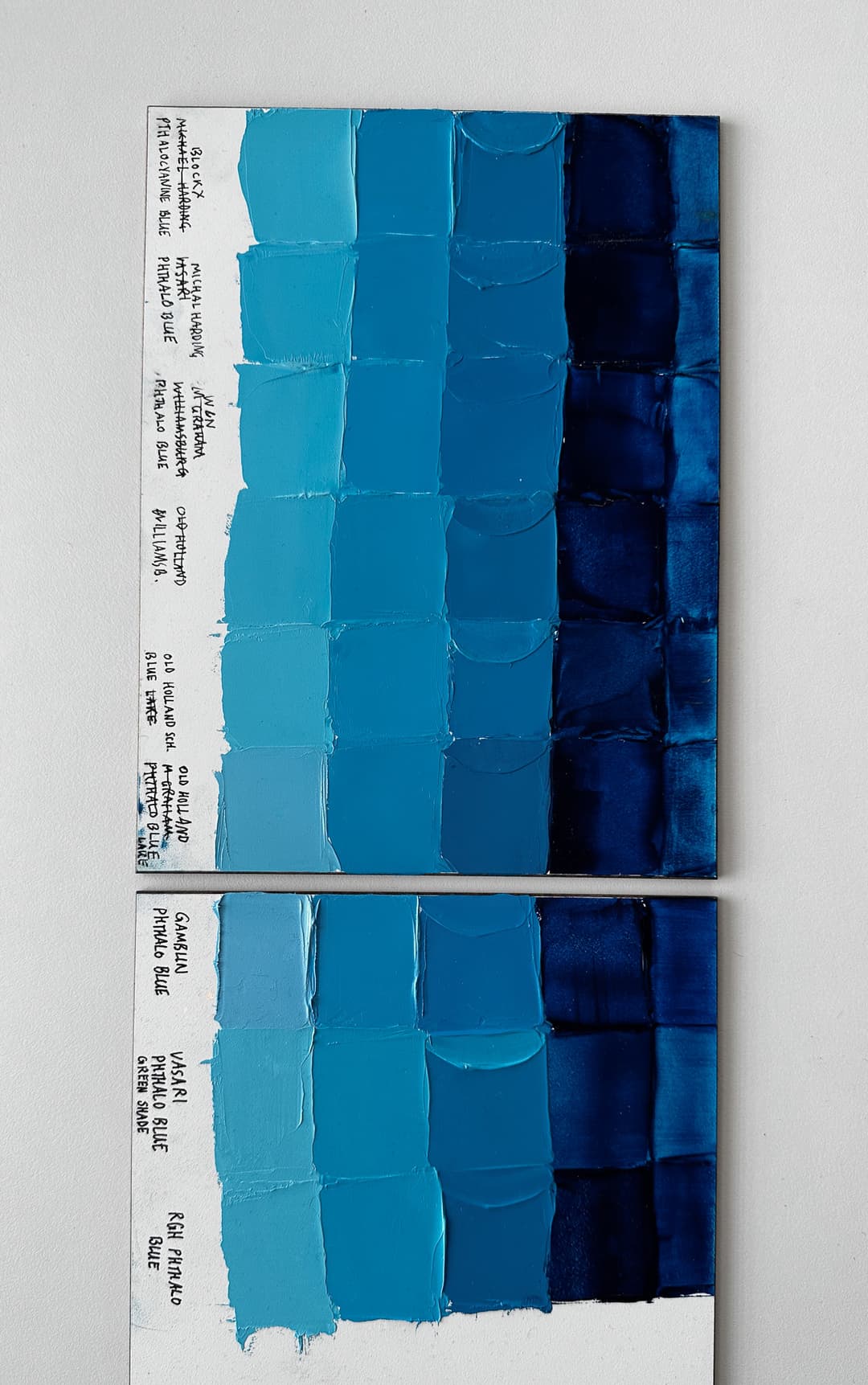 Bright blue paint swatches comparing Phthalo Blue Green Shade in oil paints. Paints shown are by Old Holland, Williamsburg and other paintmakers