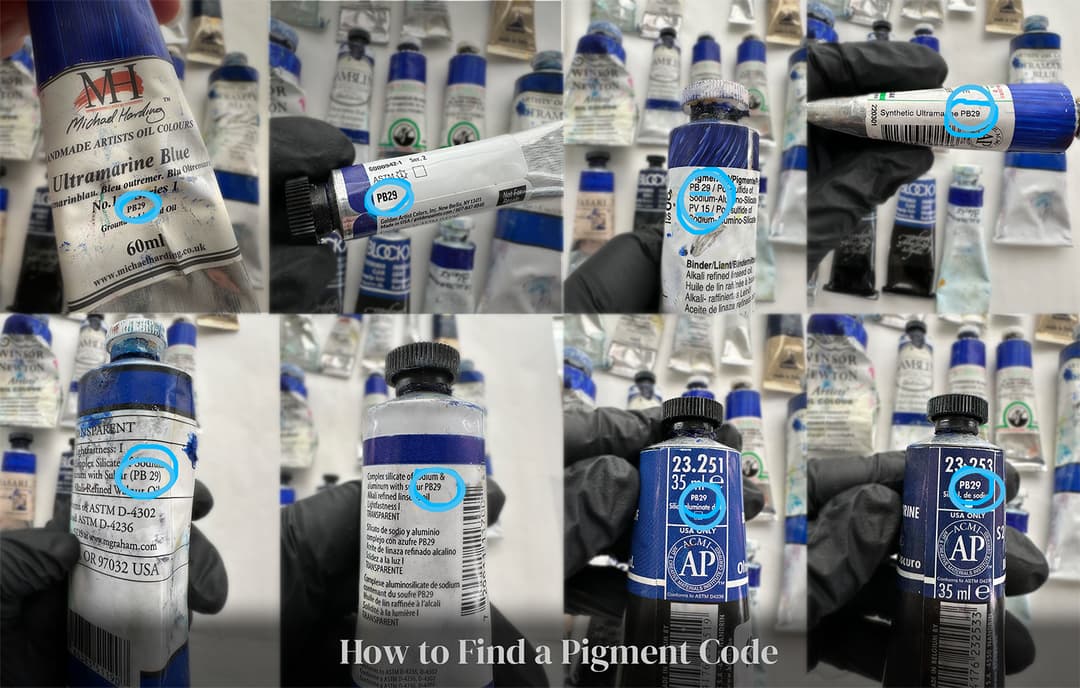 Eight tubes of paint with pigment codes circled