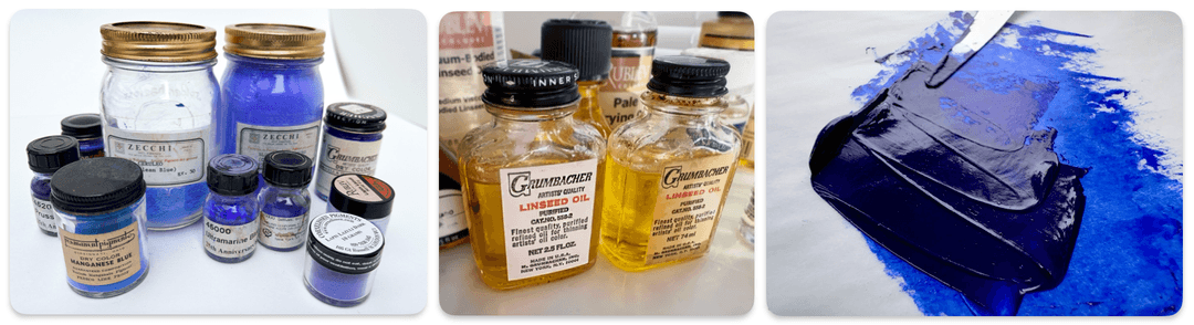 Three pictures, from left to right, a bunch of blue pigments, a picture of several bottles of linseed oil, and a swath of glistening, finished oil paint