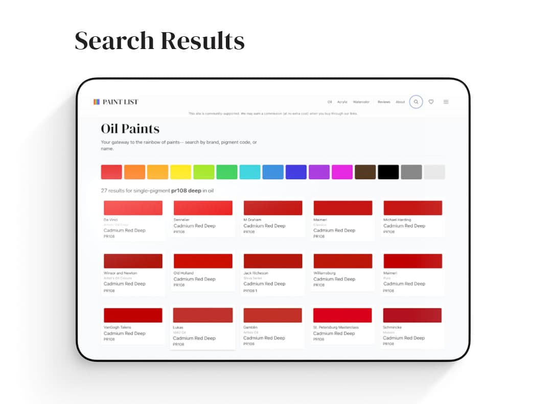 A grid of paint card chips. Every grid square represents a tube of paint.