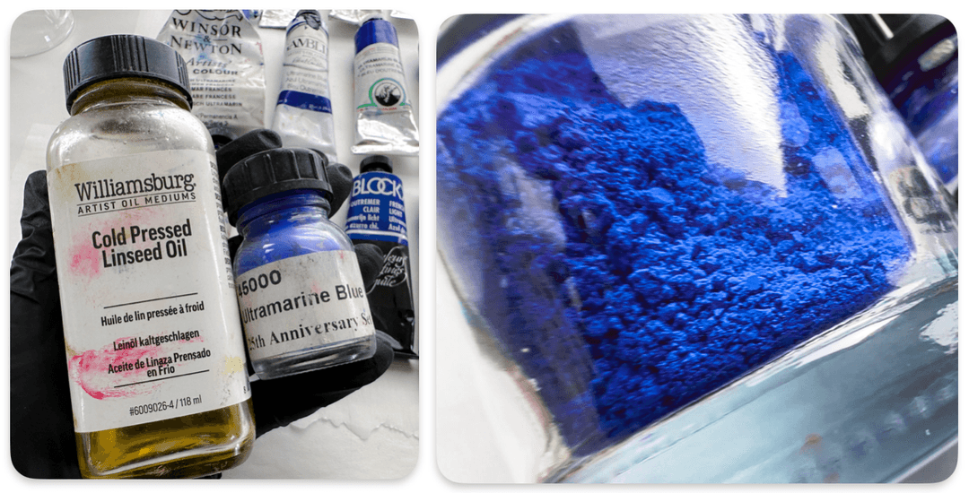 A bottle of linseed oil and two pigment samples, both Ultramarine Blue, PB29