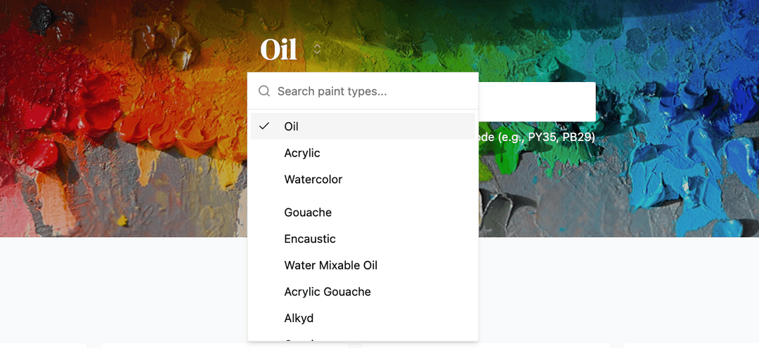 A dropdown shows the many mediums that can be searched (such as oil, acrylic, alkyd, etc.)