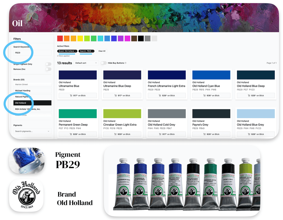 Blue PB29 pigment and the Old Holland logo are shown next to the handful of paints by Old Holland that contain PB29. These paints range from single-pigment blues to greens and greys that contain PB29 as an ingredient in the paint blend
