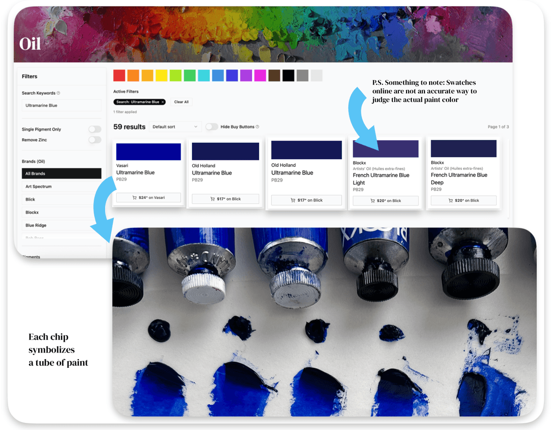 The search results grid, along with a picture of five different tubes of oil paint