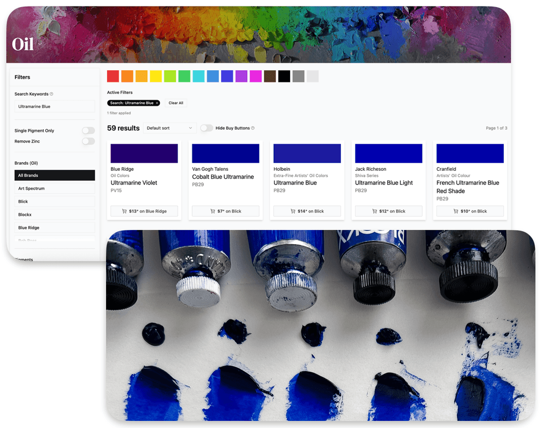 The search results grid, along with a picture of five different tubes of oil paint
