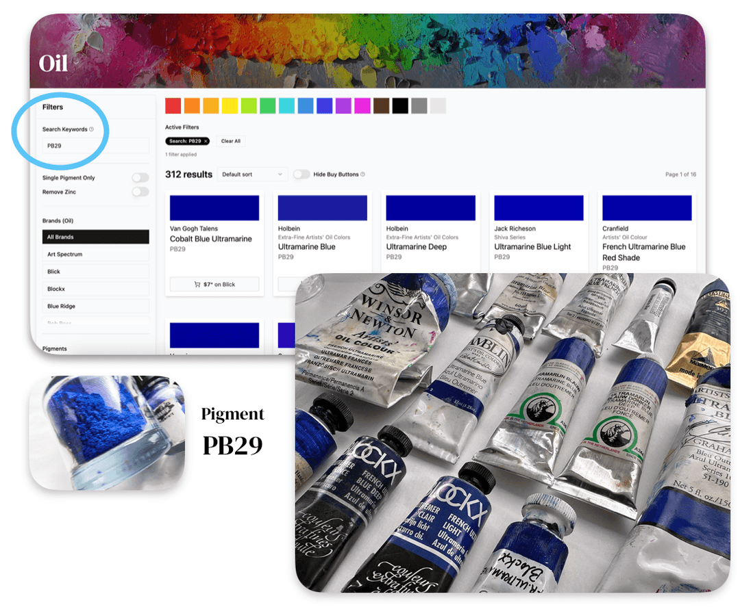 A grid of paint card chips. Every grid square represents a tube of paint. This search is for paints that contain pigment PB29.