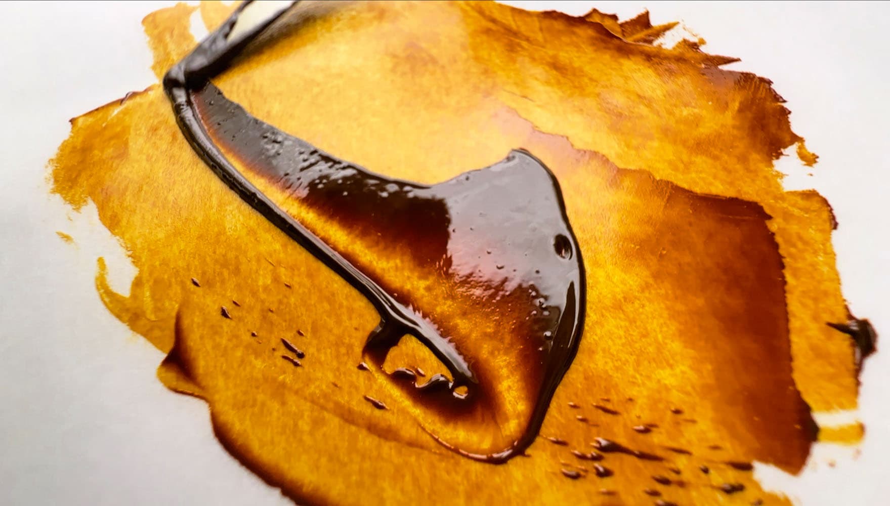 A swoosh of oil paint that is deep in masstone and a rich gold in glazes