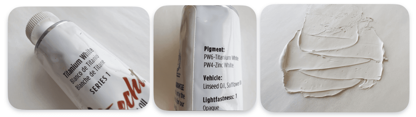 A paint tube of Utrecht Titanium White, a view of the back of the tube that lists PW4 and PW6. A daub of the Utrecht white oil paint is also shown